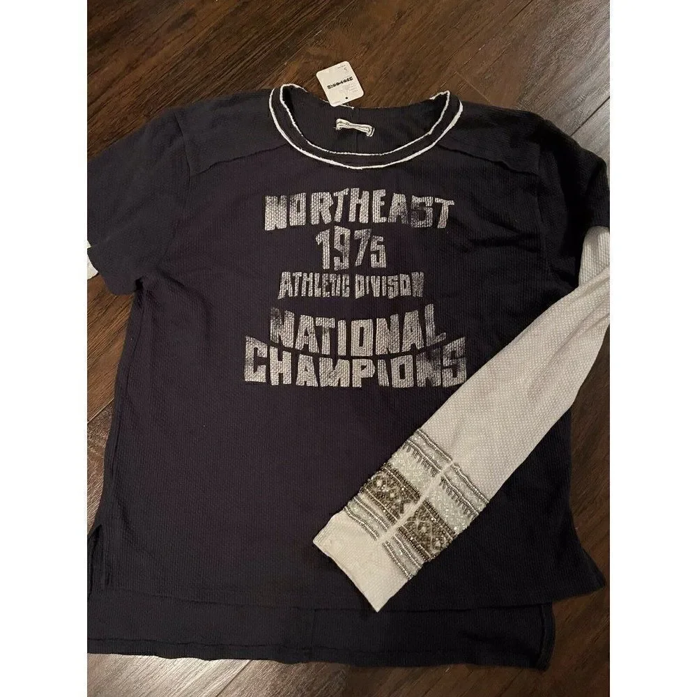 NWT FREE PEOPLE FOR THE LOVE OF GEO TWOFER EMBELLISHED GRAPHIC THERMAL TOP